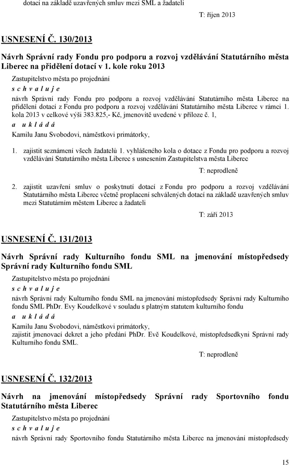 kola 2013 v celkové výši 383825,- Kč, jmenovitě uvedené v příloze č 1, Kamilu Janu Svobodovi, náměstkovi primátorky, 1 zajistit seznámení všech žadatelů 1 vyhlášeného kola o dotace z Fondu pro