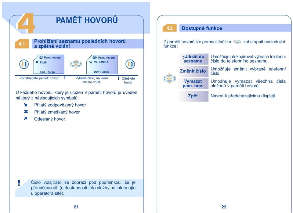 Odešlete hovor U každého hovoru, který je uložen v pamûti hovorû je uveden nûkterý z následujících symbolû: Pfiijatý zodpovûzený hovor. Pfiijatý zmeškaný hovor. Odeslaný hovor.