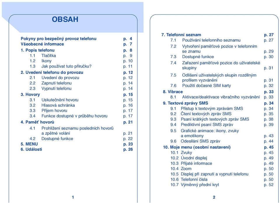 3 Pfiíjem hovoru p. 17 3.4 Funkce dostupné v prûbûhu hovoru p. 17 4. PamûÈ hovorû p. 21 4.1 Prohlížení seznamu posledních hovorû a zpûtné volání p. 21 4.2 Dostupné funkce p. 22 5. MENU p. 23 6.