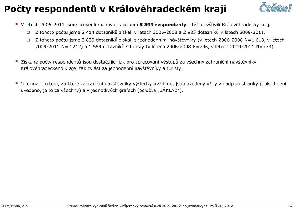 Z tohoto počtu jsme 3 830 dotazníků získali s jednodenními návštěvníky (v letech N=1 618, v letech N=2 212) a 1 569 dotazníků s turisty (v letech N=796, v letech N=773).