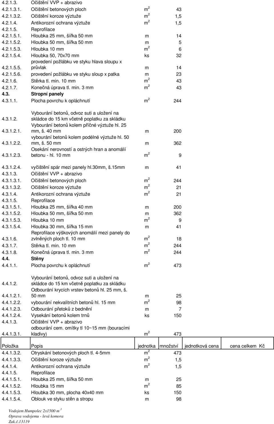 2.1.6. Stěrka tl. min. 10 mm m 2 43 4.2.1.7. Konečná úprava tl. min. 3 mm m 2 43 4.3. Stropní panely 4.3.1.1. Plocha povrchu k opláchnutí m 2 244 4.3.1.2. 4.3.1.2.1. 4.3.1.2.2. 4.3.1.2.3. Vybourání betonů, odvoz suti a uložení na skládce do 15 km včetně poplatku za skládku Vybourání betonů kolem příčné výztuže hl.