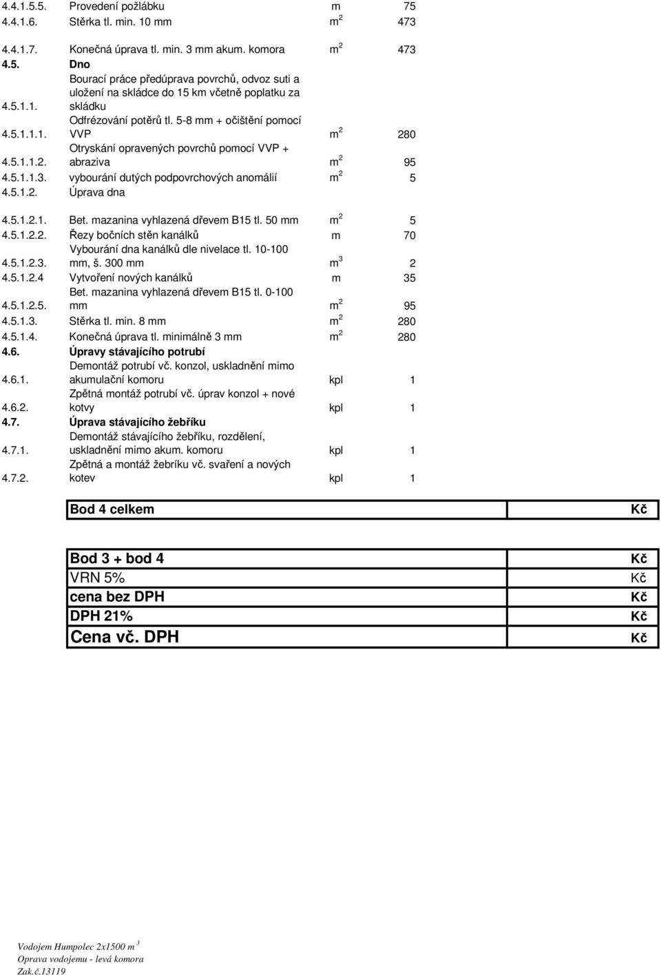 5.1.2.1. Bet. mazanina vyhlazená dřevem B15 tl. 50 mm m 2 5 4.5.1.2.2. Řezy bočních stěn kanálků m 70 4.5.1.2.3. Vybourání dna kanálků dle nivelace tl. 10-100 mm, š. 300 mm m 3 2 4.5.1.2.4 Vytvoření nových kanálků m 35 4.