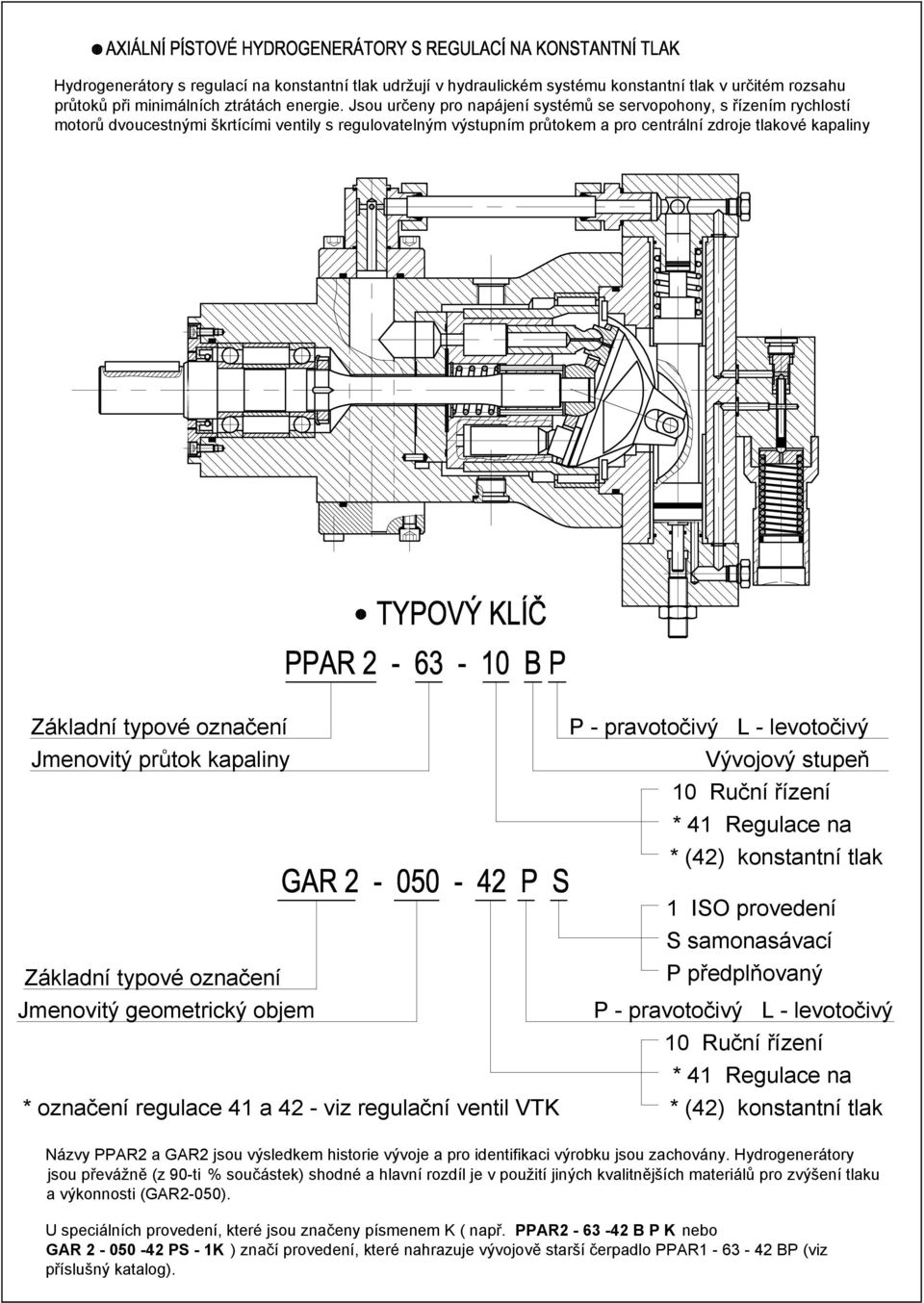 označení Jmenovitý průtok kapaliny Základní typové označení Jmenovitý geometrický objem * označení regulace 41 a 42 - viz regulační ventil VTK P - pravotočivý L - levotočivý Vývojový stupeň 10 Ruční