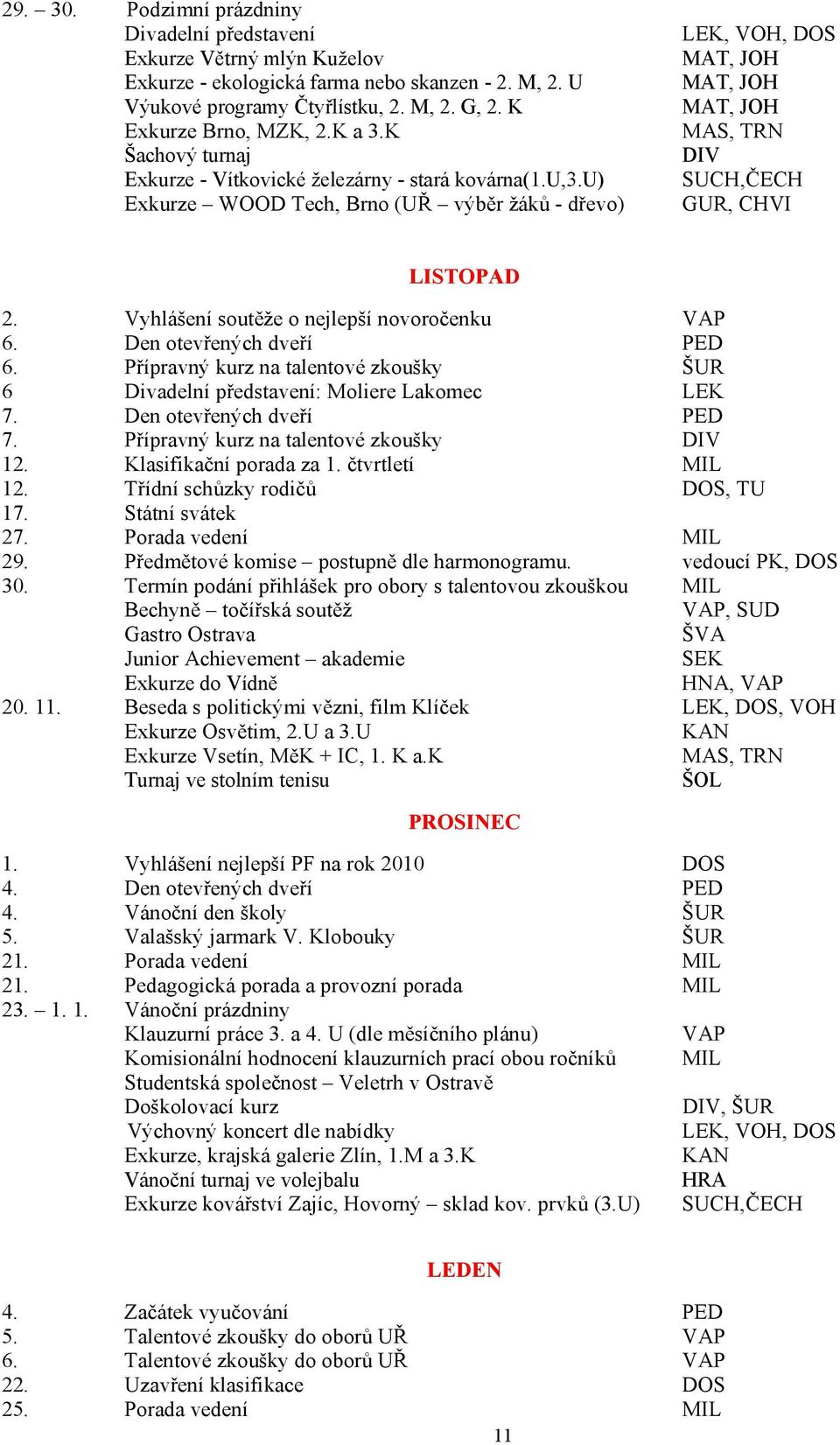 u) Exkurze WOOD Tech, Brno (UŘ výběr žáků - dřevo) LEK, VOH, DOS MAT, JOH MAT, JOH MAT, JOH MAS, TRN DIV SUCH,ČECH GUR, CHVI LISTOPAD 2. Vyhlášení soutěže o nejlepší novoročenku VAP 6.