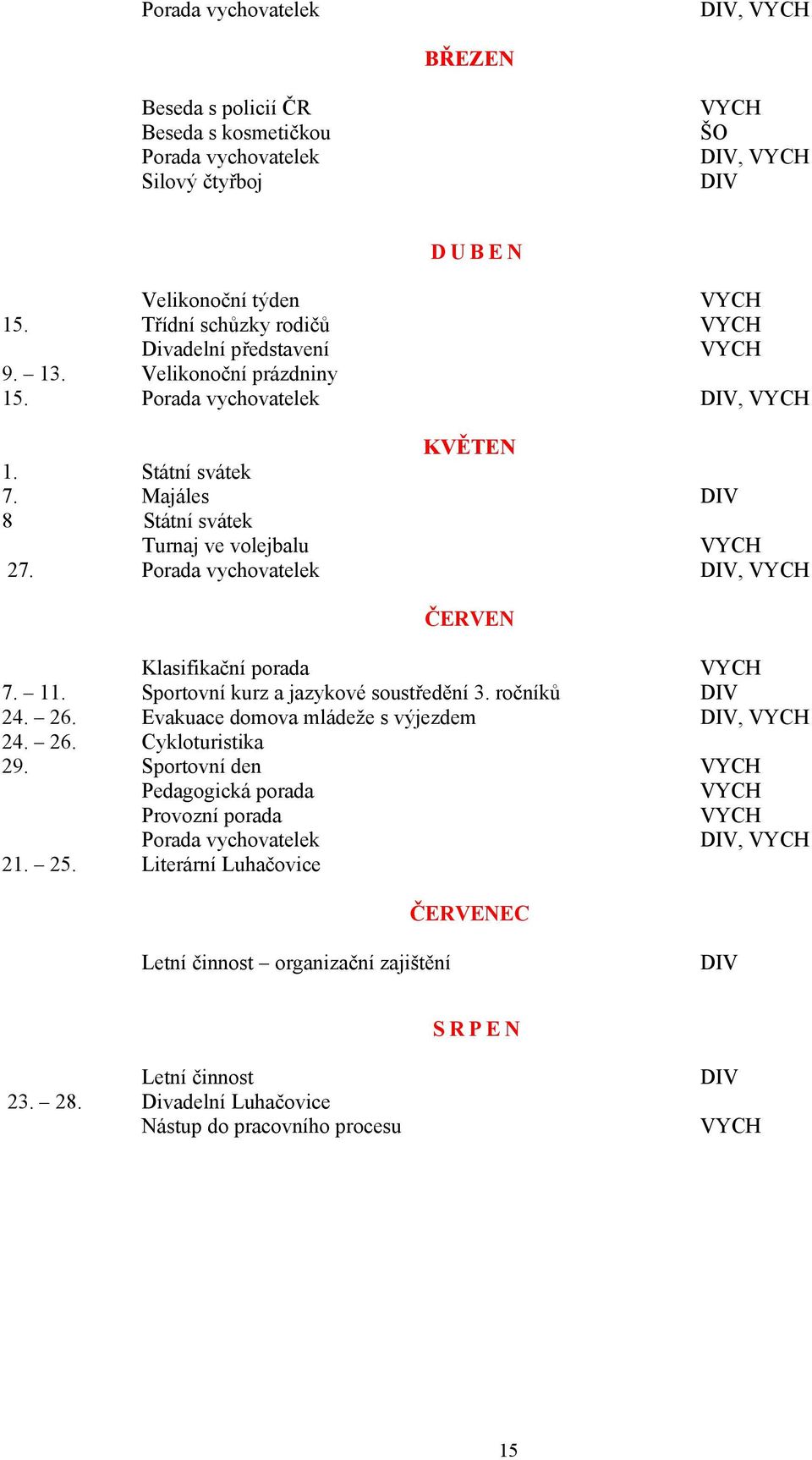 Porada vychovatelek DIV, VYCH ČERVEN Klasifikační porada VYCH 7. 11. Sportovní kurz a jazykové soustředění 3. ročníků DIV 24. 26. Evakuace domova mládeže s výjezdem DIV, VYCH 24. 26. Cykloturistika 29.