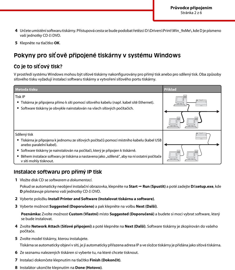Oba způsoby síťového tisku vyžaují instalai softwaru tiskárny a vytvořní síťového portu tiskárny. Mtoa tisku Tisk IP Tiskárna j připojna přímo k síti pomoí síťového kablu (např. kabl sítě Ethrnt).