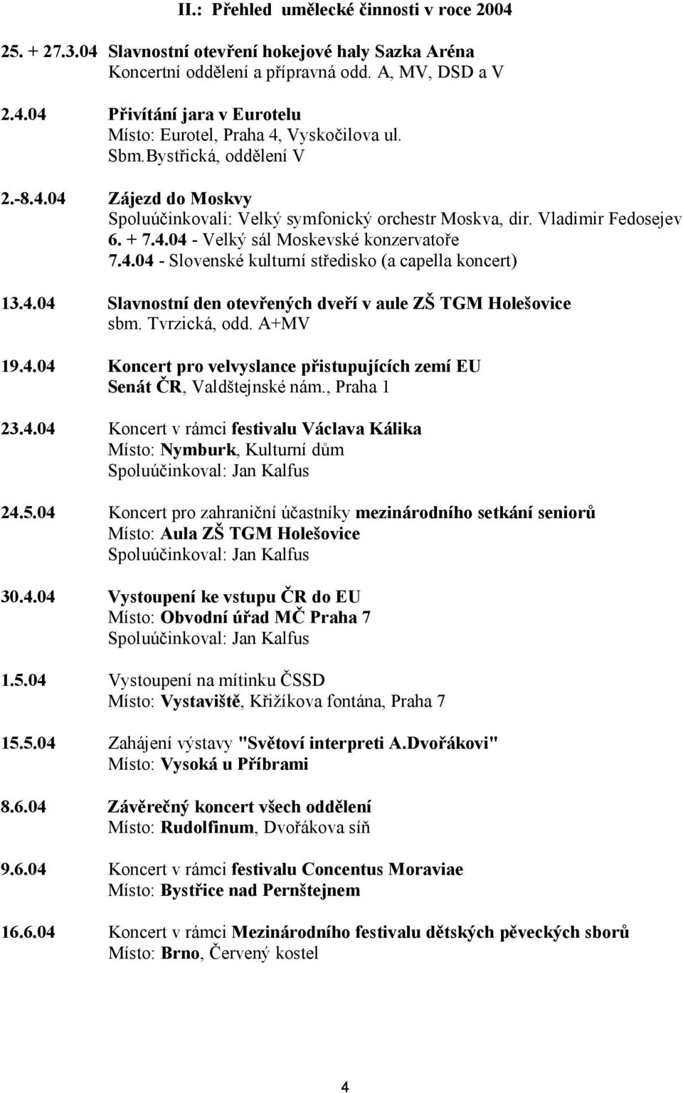 4.04 Slavnostní den otevřených dveří v aule ZŠ TGM Holešovice sbm. Tvrzická, odd. A+MV 19.4.04 Koncert pro velvyslance přistupujících zemí EU Senát ČR, Valdštejnské nám., Praha 1 23.4.04 Koncert v rámci festivalu Václava Kálika Místo: Nymburk, Kulturní dům Spoluúčinkoval: Jan Kalfus 24.