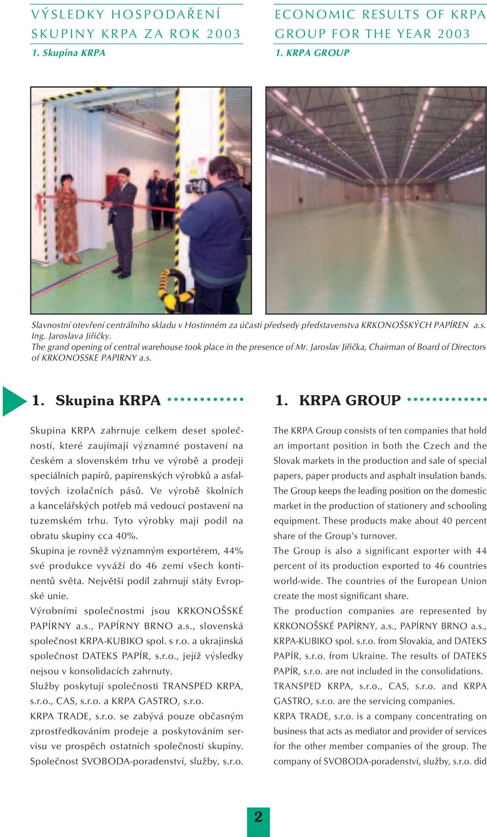 KRPA GROUP Skupina KRPA zahrnuje celkem deset společností, které zaujímají významné postavení na českém a slovenském trhu ve výrobě a prodeji speciálních papírů, papírenských výrobků a asfaltových