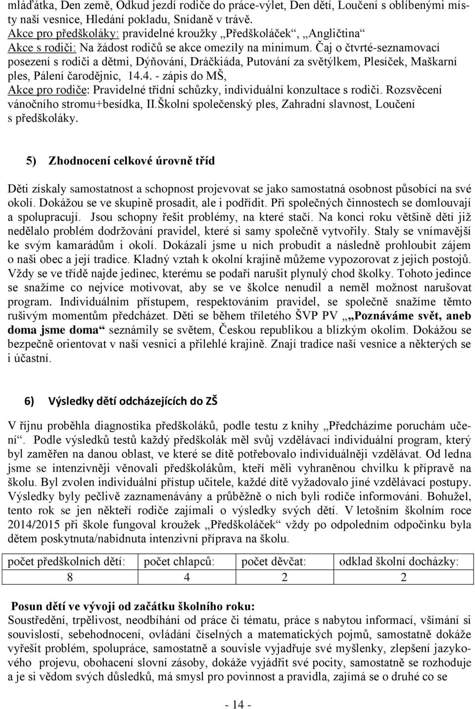 Čaj o čtvrté-seznamovací posezení s rodiči a dětmi, Dýňování, Dráčkiáda, Putování za světýlkem, Plesíček, Maškarní ples, Pálení čarodějnic, 14.