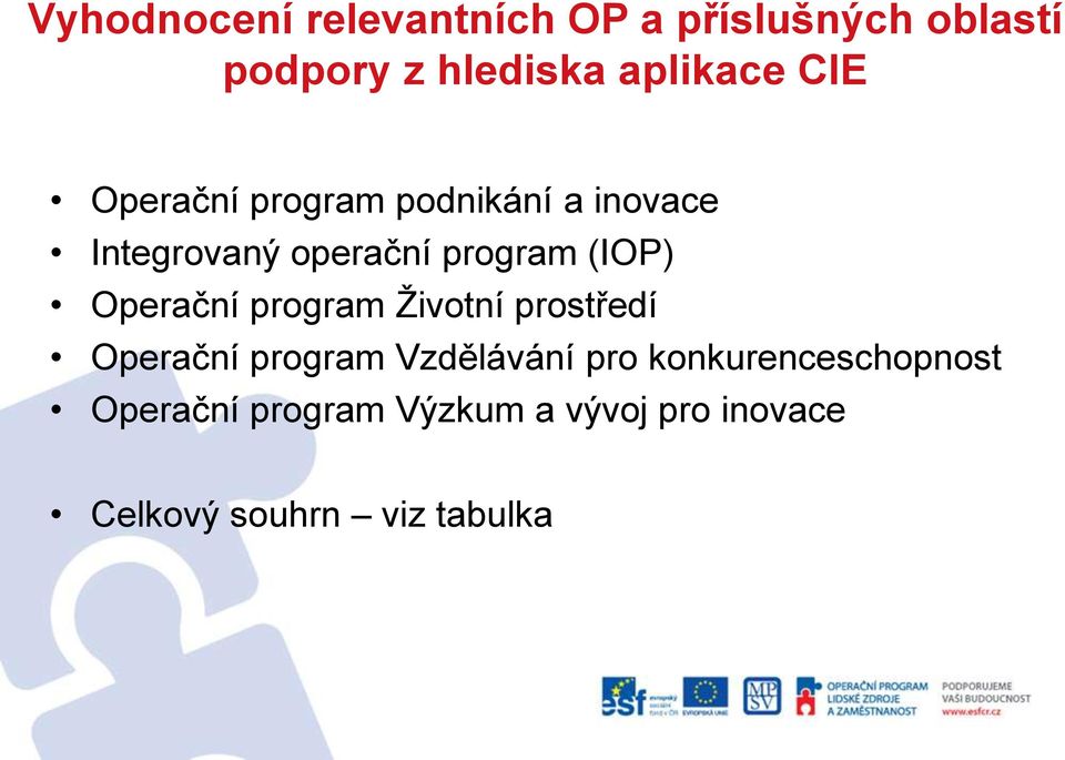 Operační program Životní prostředí Operační program Vzdělávání pro