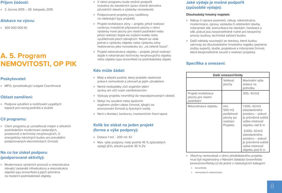 programu je usnadňovat malým a středním podnikatelům modernizaci zastaralých, prostorově a technicky nevyhovujících, či energeticky náročných budov pro provádění podporovaných ekonomických činností.