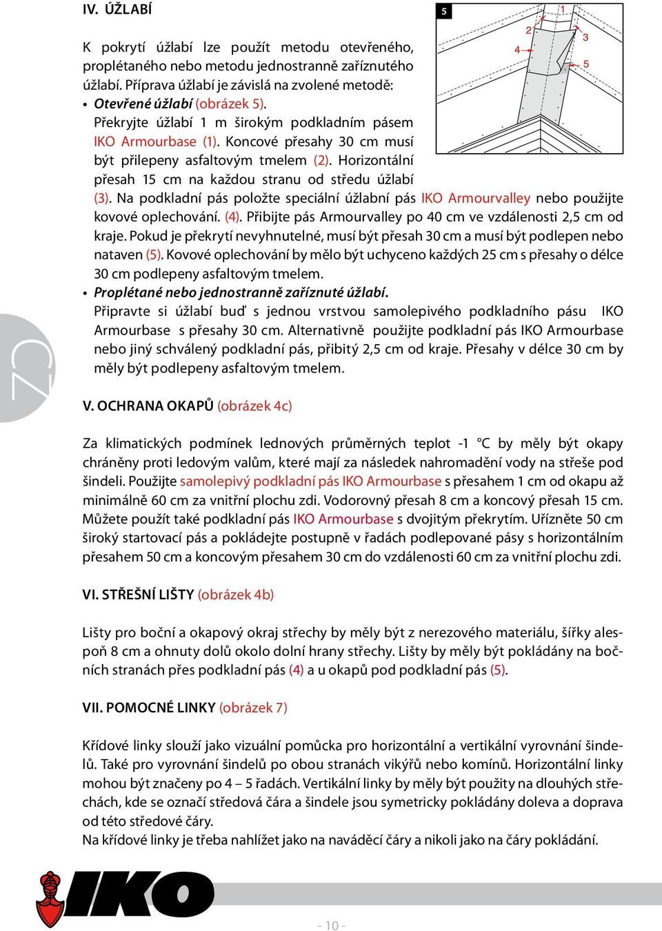 Na podkladní pás položte speciální úžlabní pás IKO Armourvalley nebo použijte kovové oplechování. (4). Přibijte pás Armourvalley po 40 cm ve vzdálenosti 2,5 cm od kraje.