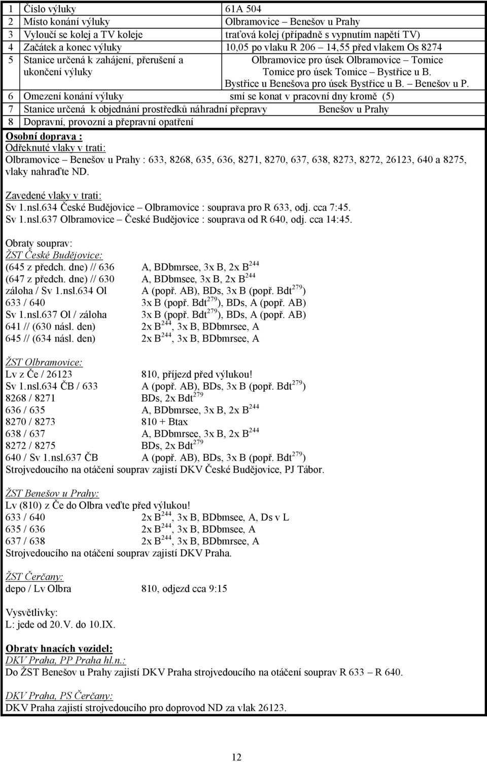 6 Omezení konání výluky smí se konat v pracovní dny kromě (5) 7 Stanice určená k objednání prostředků náhradní přepravy Benešov u Prahy Olbramovice Benešov u Prahy : 633, 8268, 635, 636, 8271, 8270,