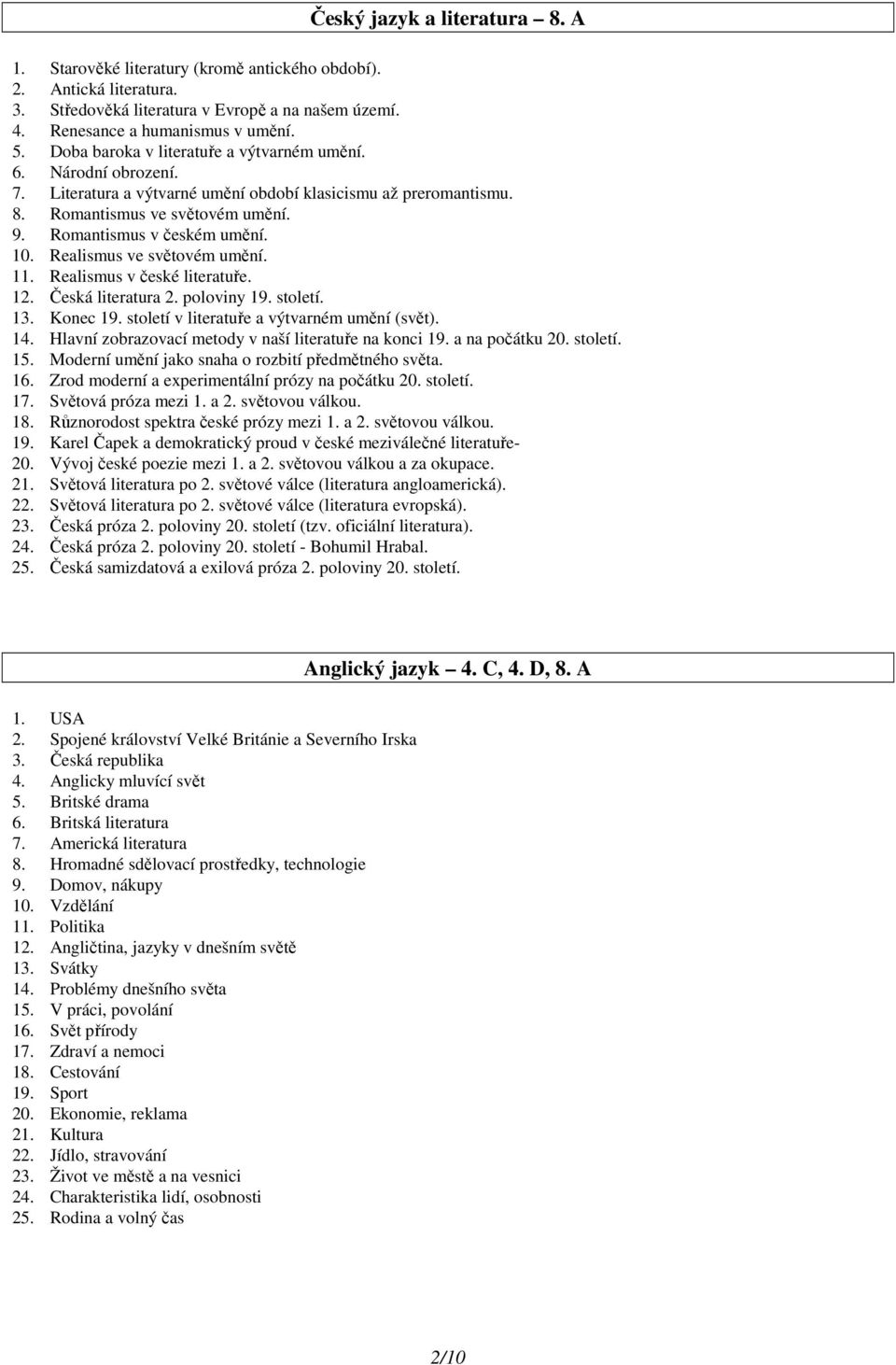 Realismus ve světovém umění. 11. Realismus v české literatuře. 12. Česká literatura 2. poloviny 19. století. 13. Konec 19. století v literatuře a výtvarném umění (svět). 14.