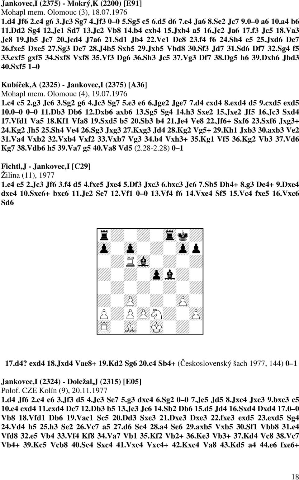 Sf3 Jd7 31.Sd6 Df7 32.Sg4 f5 33.exf5 gxf5 34.Sxf8 Vxf8 35.Vf3 Dg6 36.Sh3 Jc5 37.Vg3 Df7 38.Dg5 h6 39.Dxh6 Jbd3 40.Sxf5 1 0 Kubíček,A (2325) - Jankovec,I (2375) [A36] Mohapl mem. Olomouc (4), 19.07.