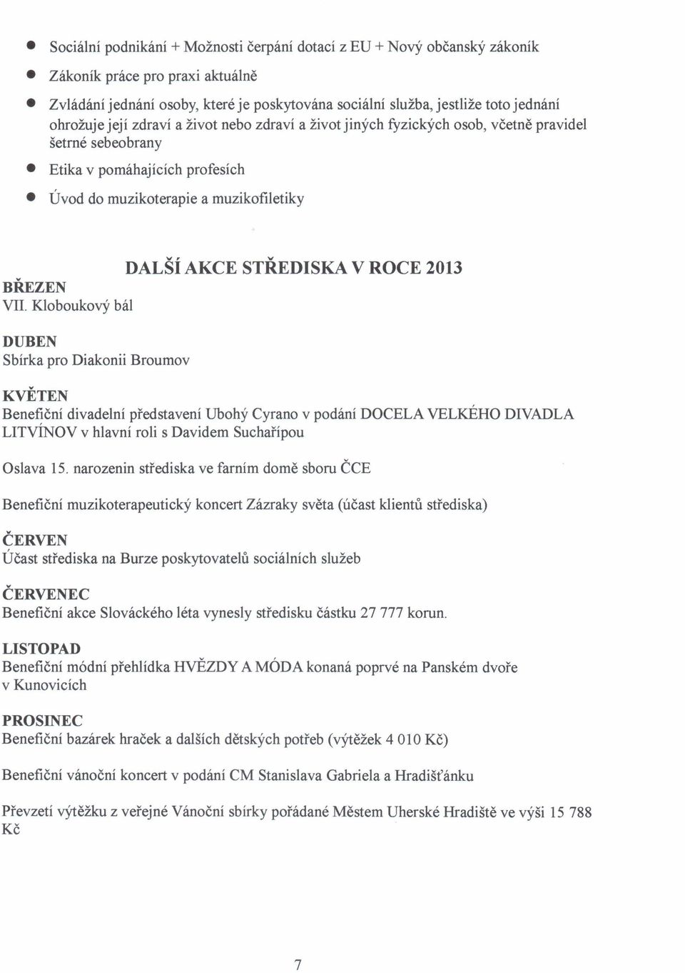 Klobouk0vY bal DUDEN Sbirka pro Diakonii Broumov DALSi AKCE STREDSKA V ROCE 2013 KVETEN Benefieni divadelni predstaveni Ubohy Cyrano v podani DOCELA VELKEHO DVADLA LTvlNOV v hlavni roli s Davidem