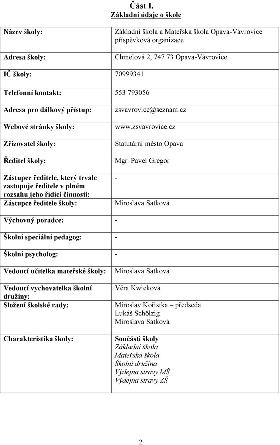 793056 Adresa pro dálkový přístup: Webové stránky školy: Zřizovatel školy: Ředitel školy: Zástupce ředitele, který trvale zastupuje ředitele v plném rozsahu jeho řídící činnosti: Zástupce ředitele