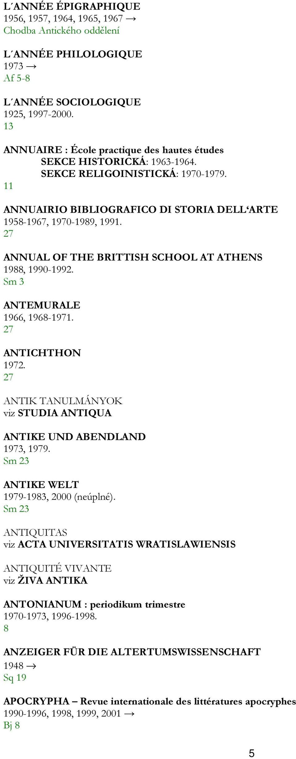 ANNUAL OF THE BRITTISH SCHOOL AT ATHENS 988, 990-99. Sm 3 ANTEMURALE 966, 968-97. ANTICHTHON 97. ANTIK TANULMÁNYOK viz STUDIA ANTIQUA ANTIKE UND ABENDLAND 973, 979.
