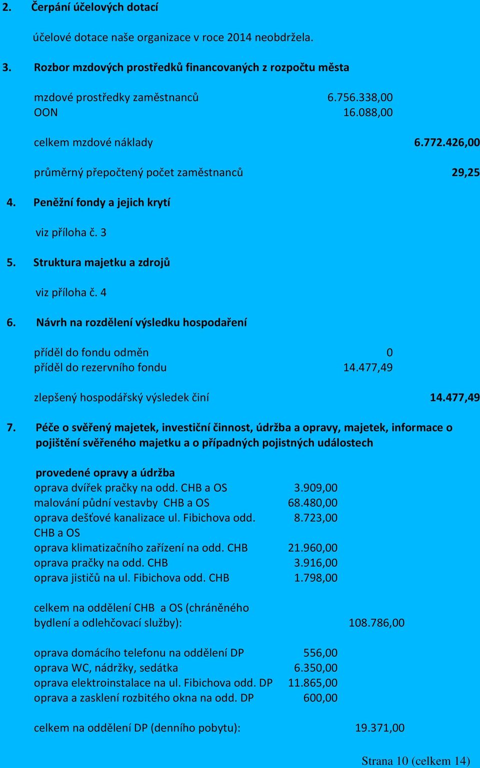 Návrh na rozdělení výsledku hospodaření příděl do fondu odměn 0 příděl do rezervního fondu 14.477,49 zlepšený hospodářský výsledek činí 14.477,49 7.