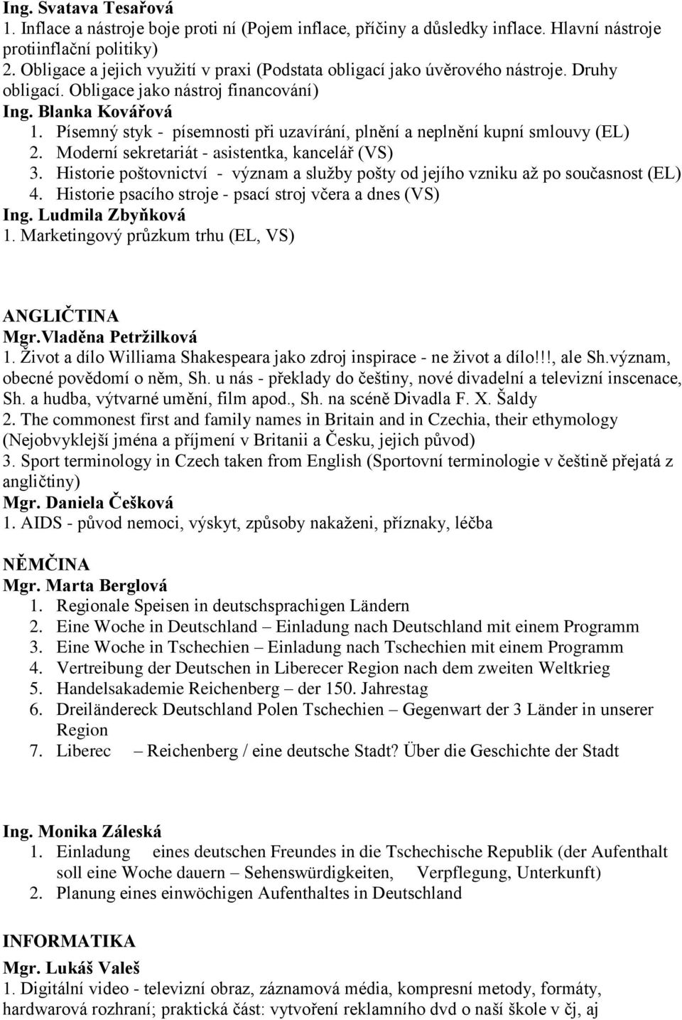 Písemný styk - písemnosti při uzavírání, plnění a neplnění kupní smlouvy (EL) 2. Moderní sekretariát - asistentka, kancelář (VS) 3.