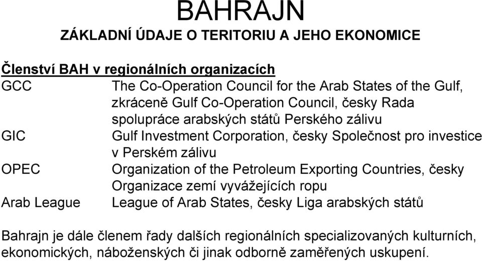 v Perském zálivu OPEC Organization of the Petroleum Exporting Countries, česky Organizace zemí vyvážejících ropu Arab League League of Arab States, česky