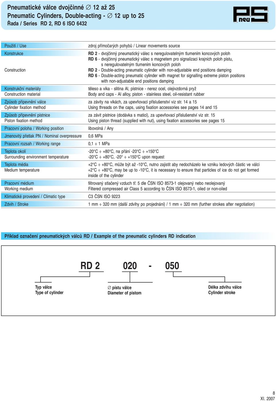 poloh pístu, s neregulovateln m tlumením koncov ch poloh R 2 - ouble-acting pneumatic cylinder with non-adjustable end positions damping R 6 - ouble-acting pneumatic cylinder with magnet for