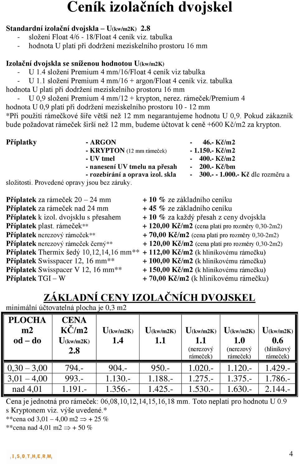 1 složení Premium 4 mm/16 + argon/float 4 ceník viz. tabulka hodnota U platí při dodržení meziskelního prostoru 16 mm - U 0,9 složení Premium 4 mm/12 + krypton, nerez.