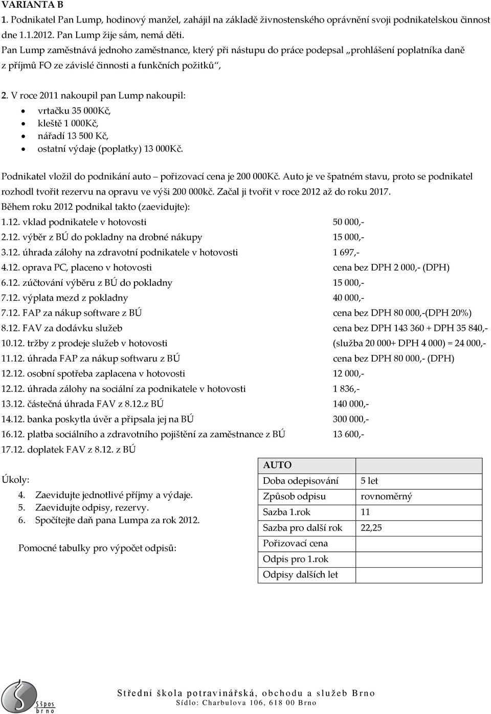 V roce 2011 nakoupil pan Lump nakoupil: vrtačku 35 000Kč, kleště 1 000Kč, nářadí 13 500 Kč, ostatní výdaje (poplatky) 13 000Kč. Podnikatel vložil do podnikání auto pořizovací cena je 200 000Kč.