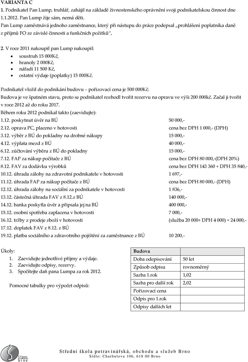 V roce 2011 nakoupil pan Lump nakoupil: soustruh 15 000Kč, hranoly 2 000Kč, nářadí 11 500 Kč, ostatní výdaje (poplatky) 15 000Kč. Podnikatel vložil do podnikání budovu pořizovací cena je 500 000Kč.