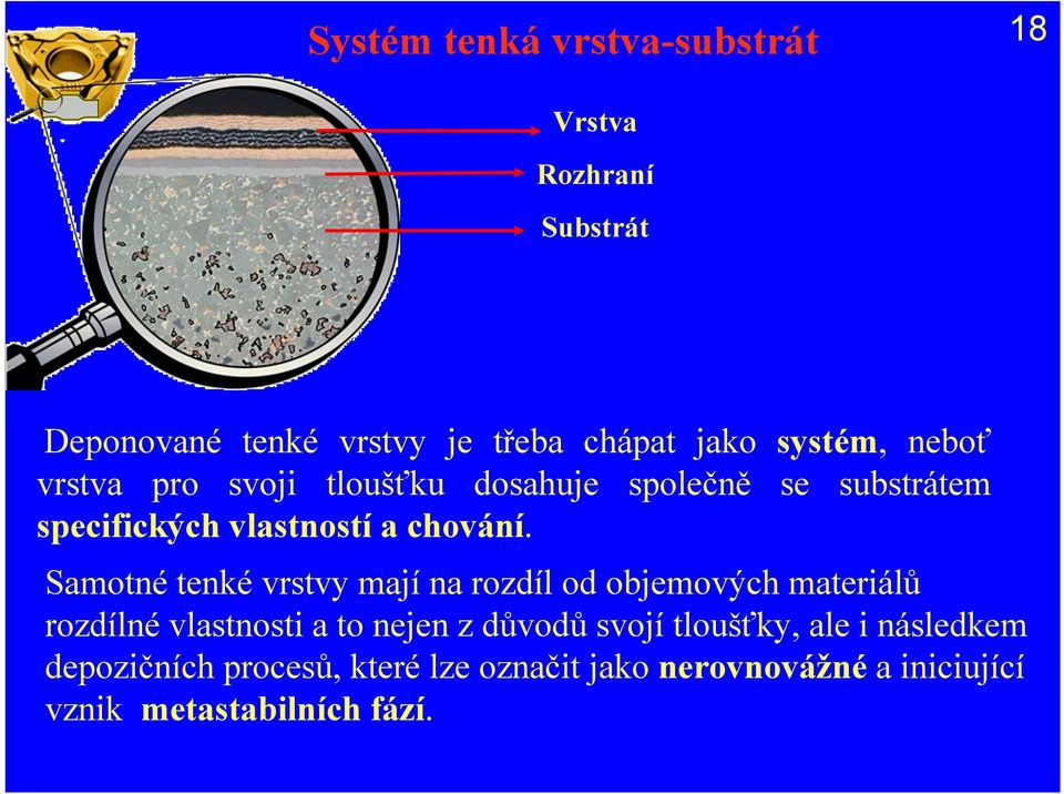 Samotné tenké vrstvy mají na rozdíl od objemových materiálů rozdílné vlastnosti a to nejen z důvodů svojí