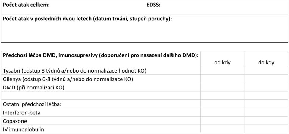 týdnů a/nebo do normalizace hodnot KO) Gilenya (odstup 6-8 týdnů a/nebo do normalizace KO) DMD