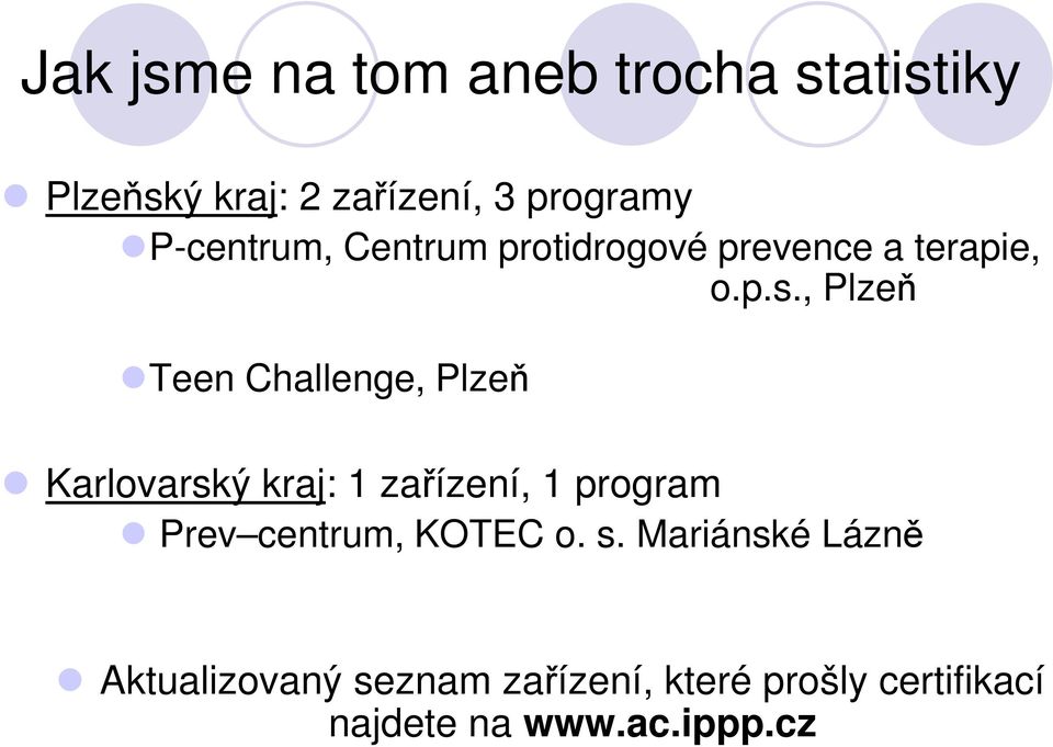 , Plzeň Teen Challenge, Plzeň Karlovarský kraj: 1 zařízení, 1 program Prev