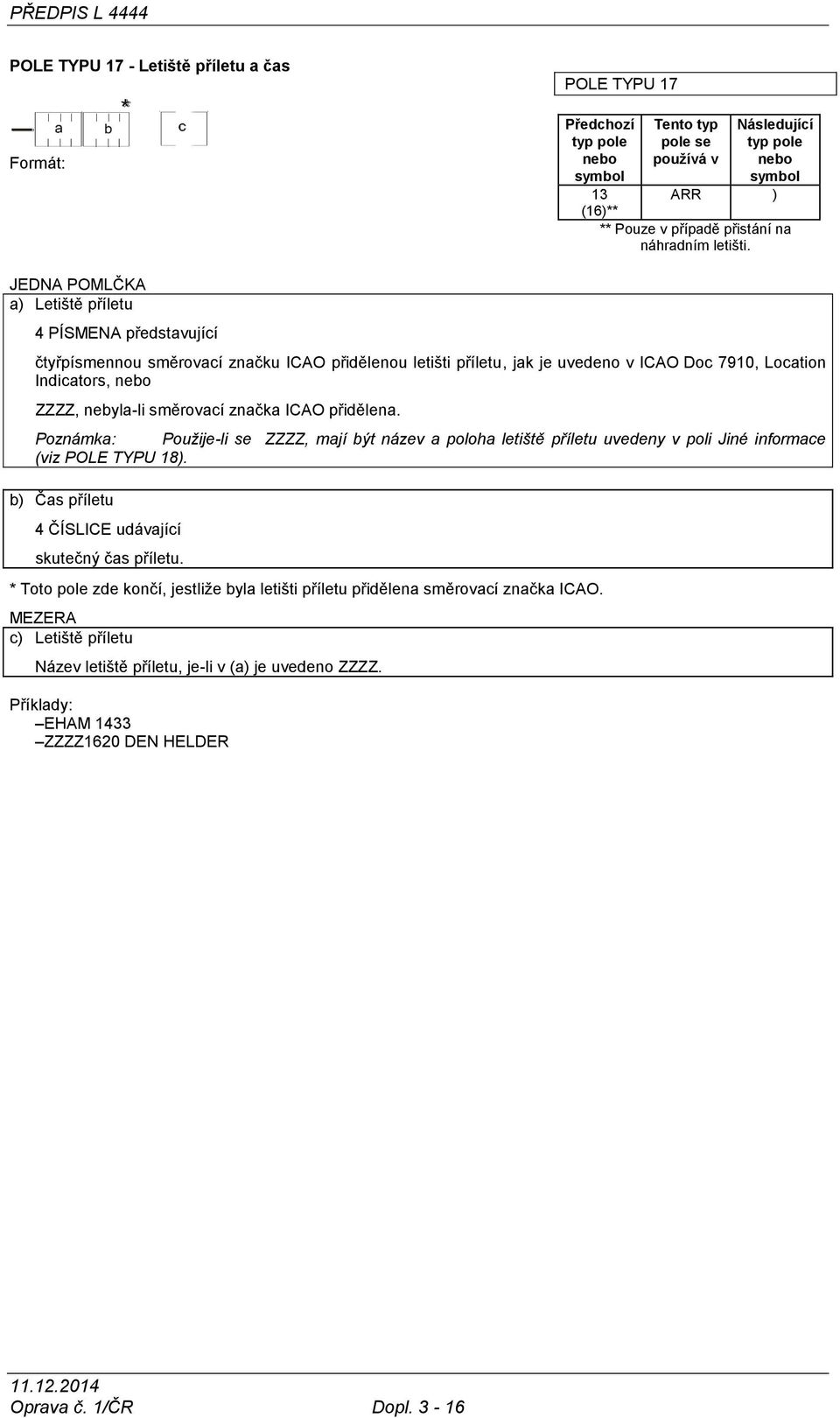 značka ICAO přidělena. Poznámka: Použije-li se ZZZZ, mají být název a poloha letiště příletu uvedeny v poli Jiné informace viz POLE TYPU ). b) Čas příletu 4 ČÍSLICE udávající skutečný čas příletu.