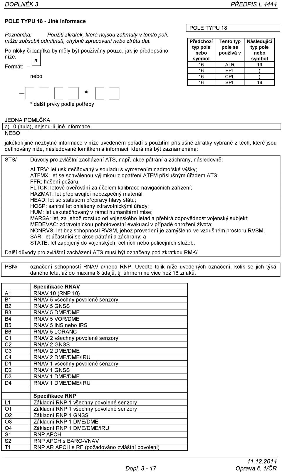 a Formát: POLE TYPU Předchozí Tento typ pole se používá v Následující ALR 19 FPL ) CPL ) SPL 19 * další prvky podle potřeby JEDNA POMLČKA a) 0 nula), nejsou-li jiné informace NEBO jakékoli jiné