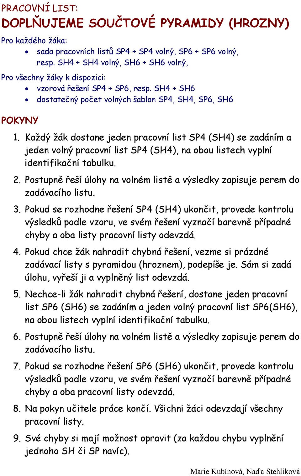 Každý žák dostane jeden pracovní list SP4 (SH4) se zadáním a jeden volný pracovní list SP4 (SH4), na obou listech vyplní identifikační tabulku. 2.