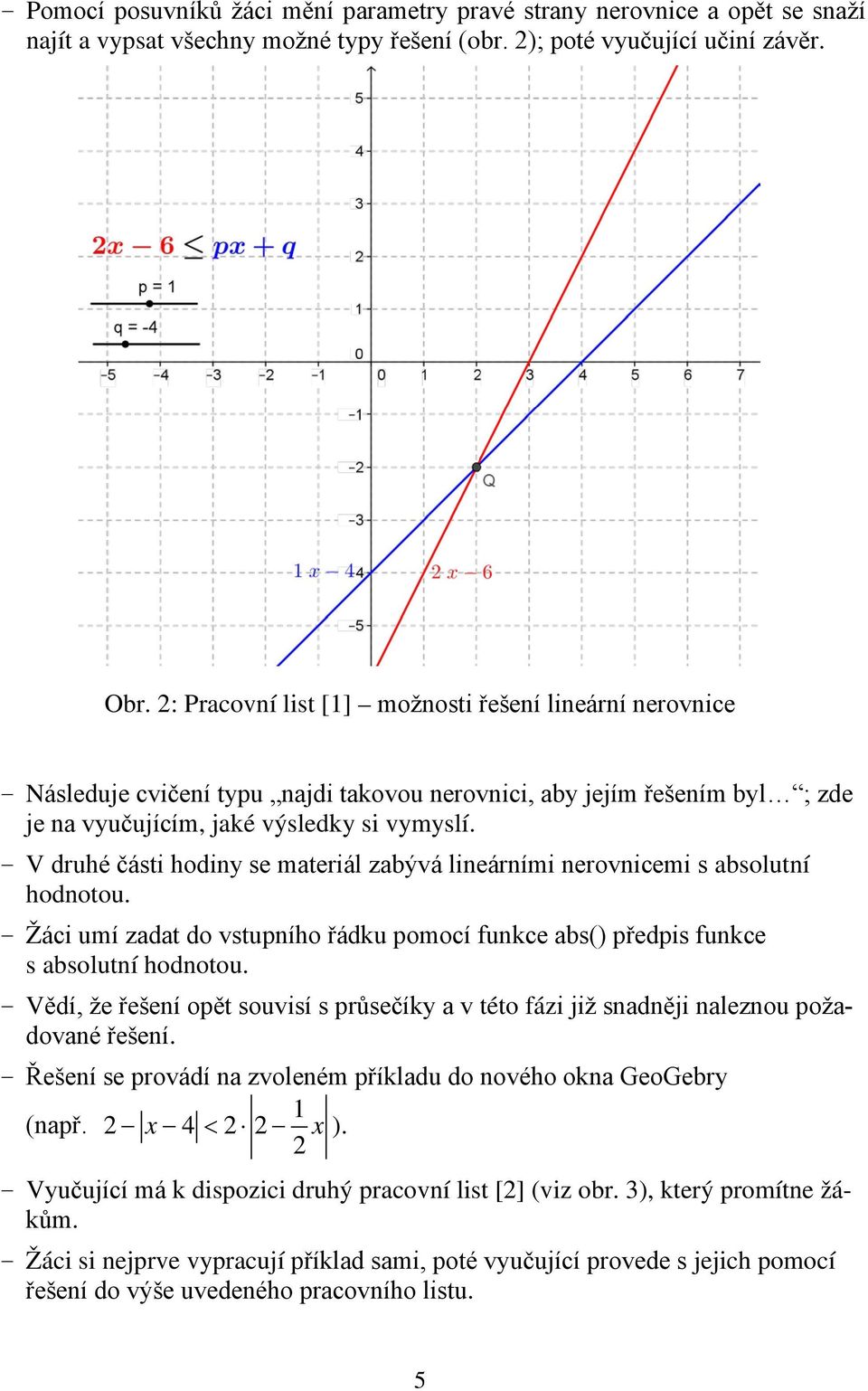 - V druhé části hodiny se materiál zabývá lineárními nerovnicemi s absolutní hodnotou. - Žáci umí zadat do vstupního řádku pomocí funkce abs() předpis funkce s absolutní hodnotou.