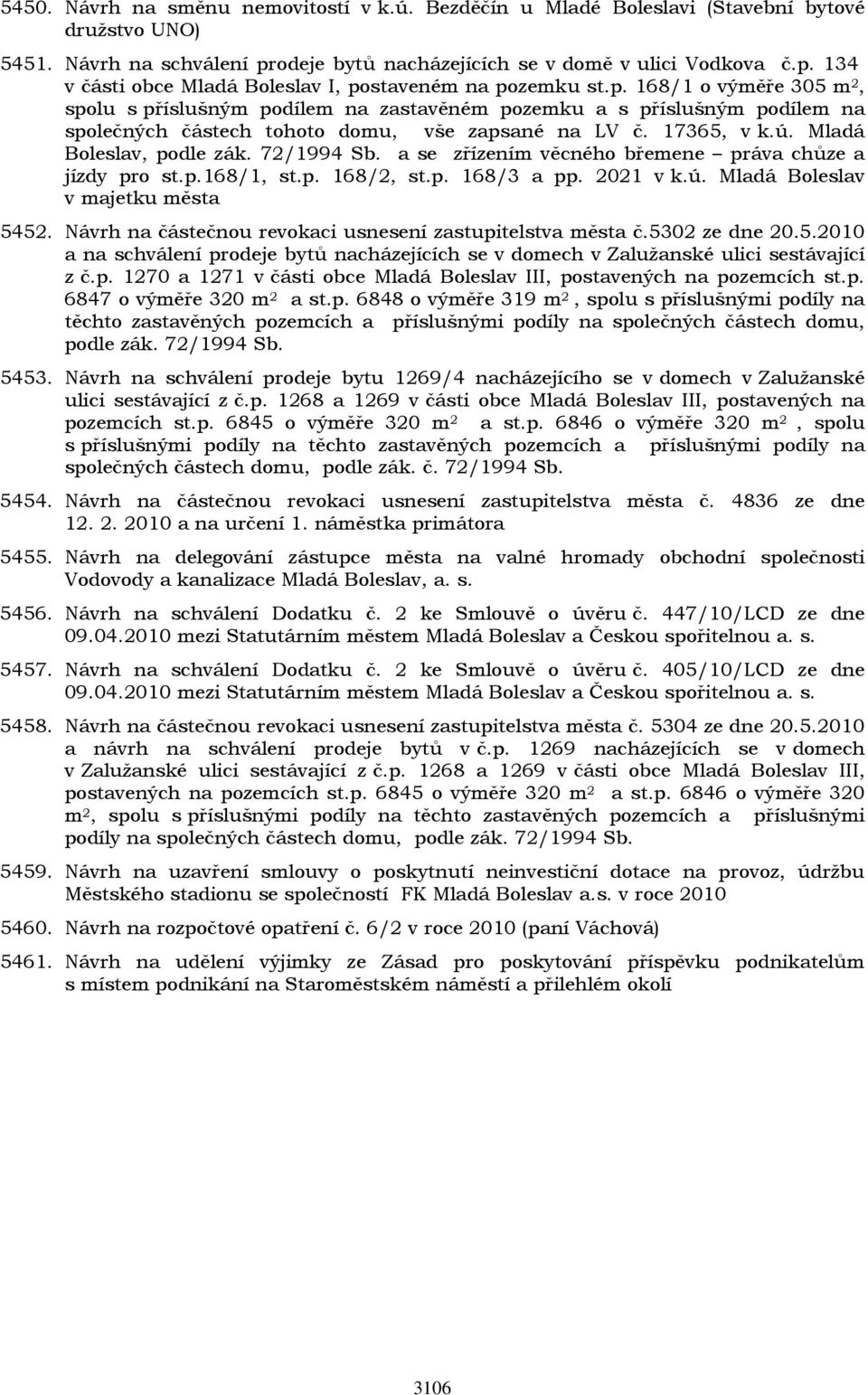 72/1994 Sb. a se zřízením věcného břemene práva chůze a jízdy pro st.p.168/1, st.p. 168/2, st.p. 168/3 a pp. 2021 v k.ú. Mladá Boleslav v majetku města 5452.