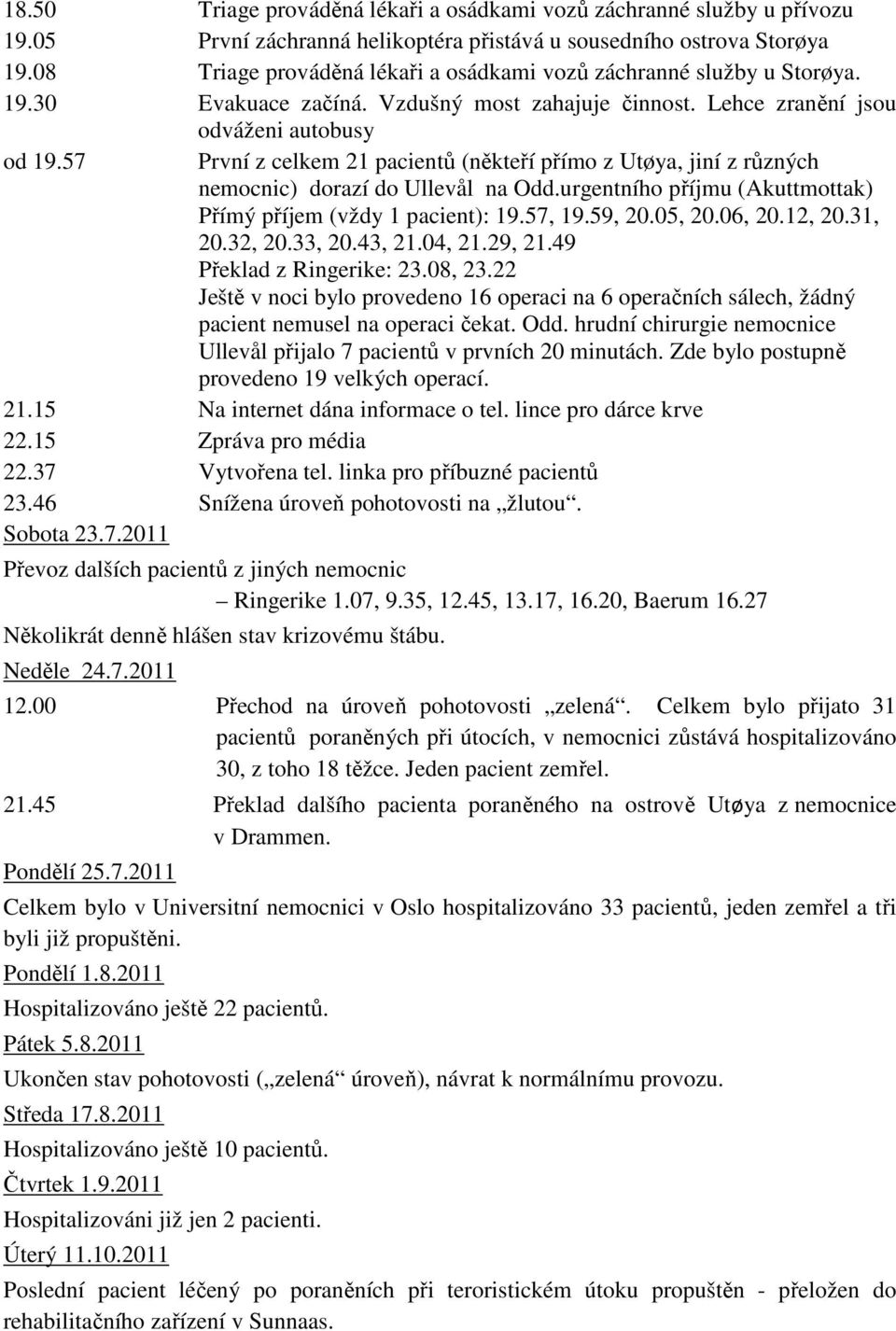 57 První z celkem 21 pacientů (někteří přímo z Utøya, jiní z různých nemocnic) dorazí do Ullevål na Odd.urgentního příjmu (Akuttmottak) Přímý příjem (vždy 1 pacient): 19.57, 19.59, 20.05, 20.06, 20.