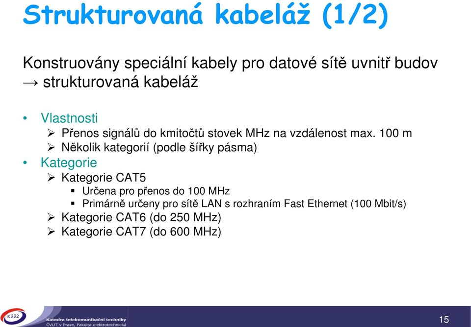 100 m Nkolik kategorií (podle šíky pásma) Kategorie Kategorie CAT5 Urena pro penos do 100