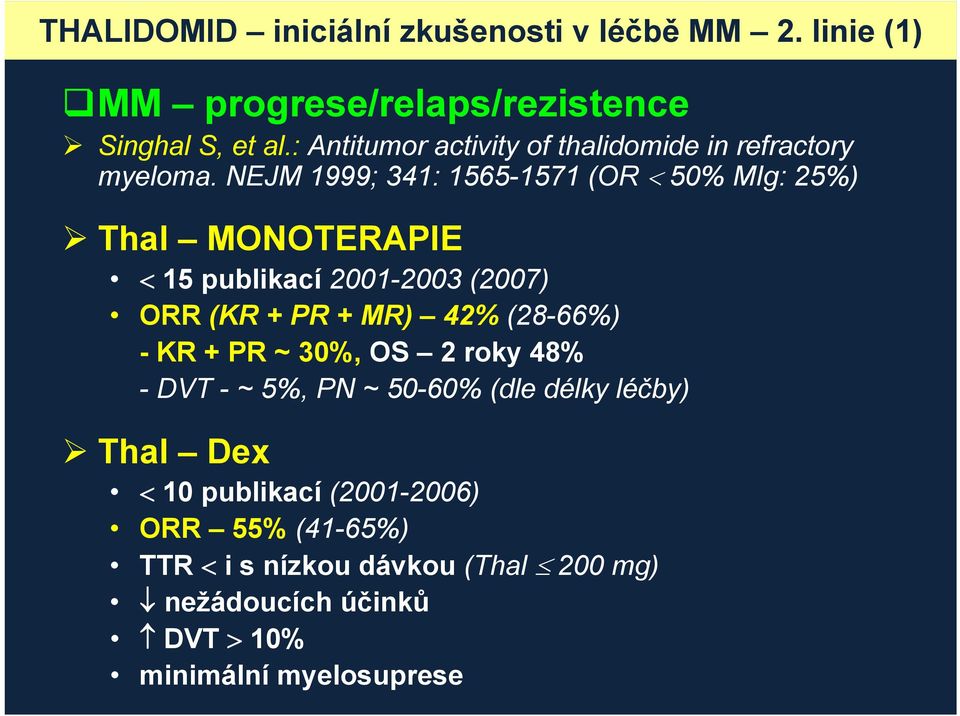 NEJM 1999; 341: 1565-1571 (OR < 50% MIg: 25%) Thal MONOTERAPIE < 15 publikací 2001-2003 (2007) ORR (KR + PR + MR) 42% (28-66%)