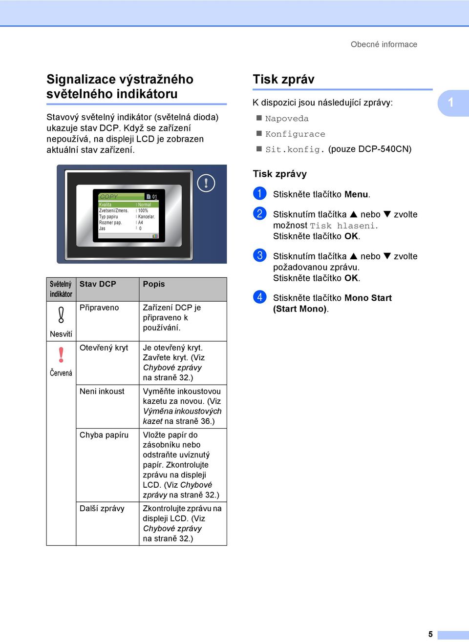 (pouze DCP-540CN) 1 Tisk zprávy 1 COPY Kvalita Zvetseni/Zmens. Typ papiru Rozmer pap. Jas 01 Normal 100% Kancelar. A4 0 a Stiskněte tlačítko Menu.