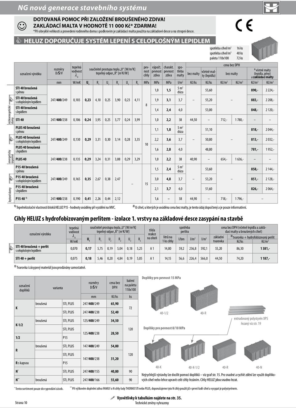 HELUZ doporučuje systém lepení výrobku STI 40 broušená s pěnou STI 40 broušená STI 40 broušená tepelná součinitel prostupu tepla U [W/m vodivost 2 K] tepelný odpor R [m l 2 K/W] U STI 40 + perlit