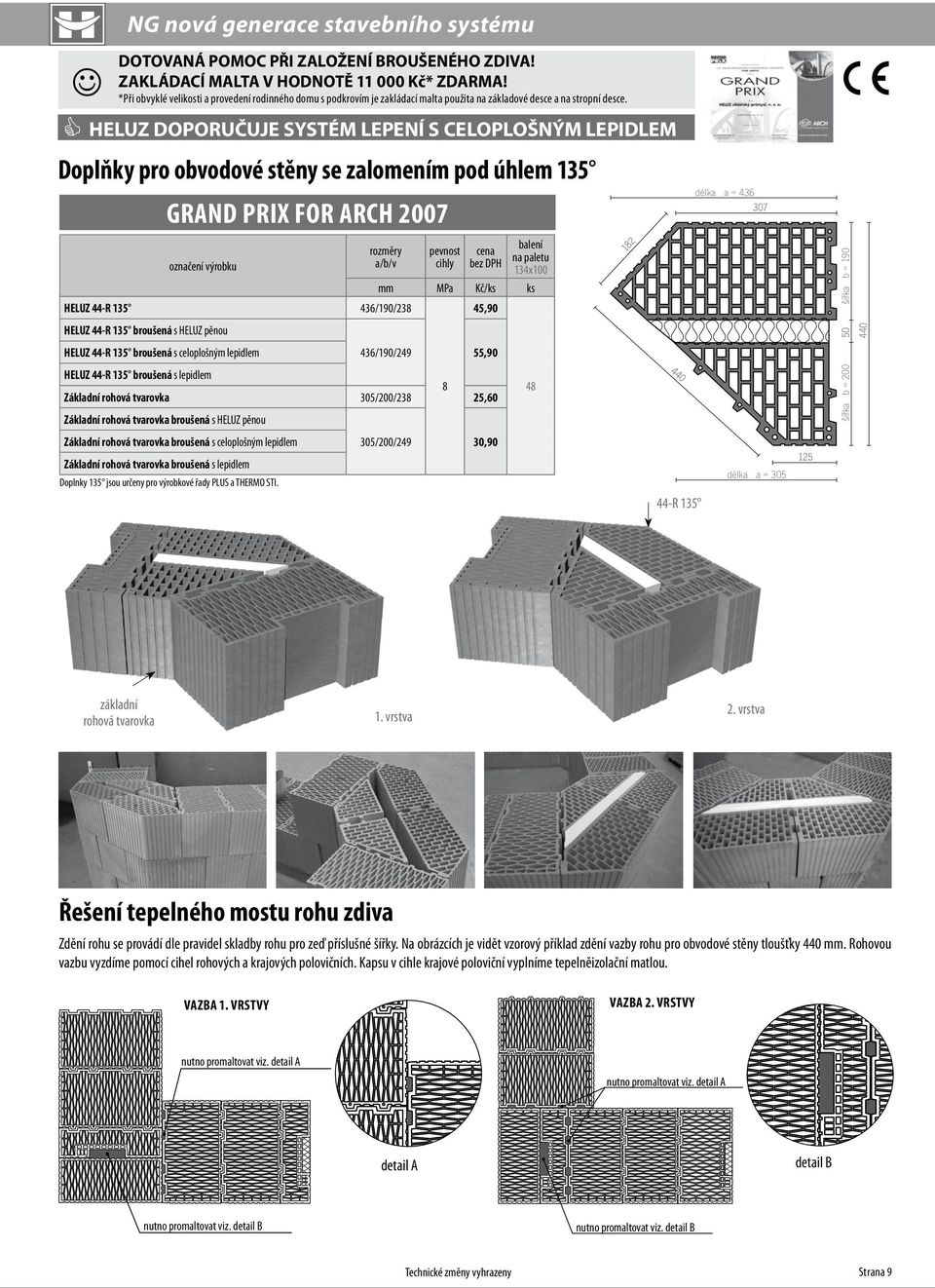 Doplňky pro obvodové stěny se zalomením pod úhlem 135 GRAND PRIX FOR ARCH 2007 HELUZ doporučuje systém lepení výrobku a/b/v HELUZ 44-R 135 436/190/238 HELUZ 44-R 135 broušená s HELUZ pěnou HELUZ 44-R