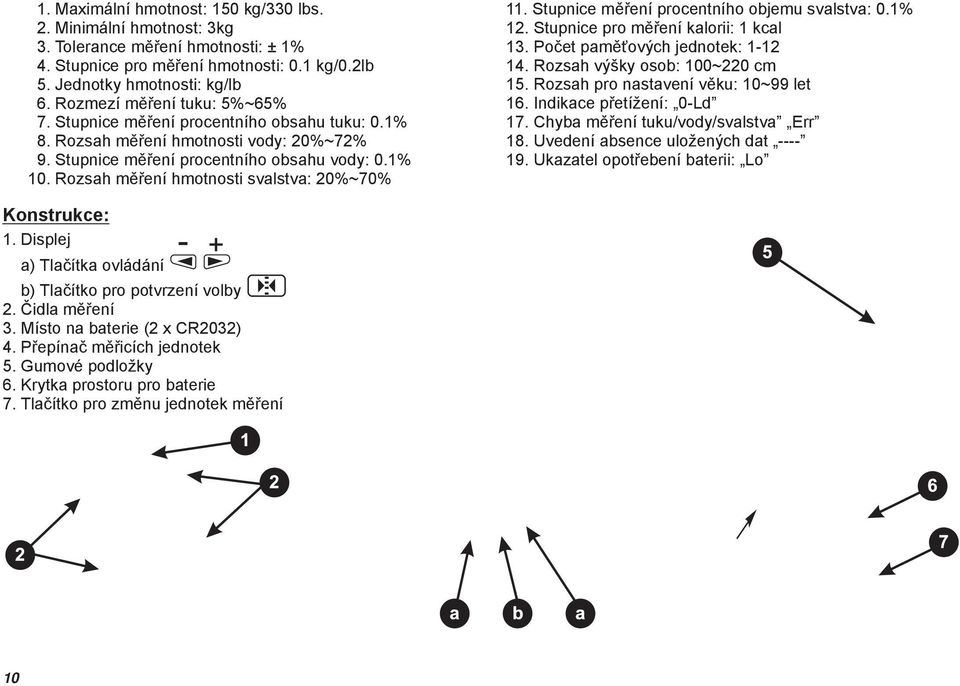 Rozsah měření hmotnosti svalstva: 20%~70% 11. Stupnice měření procentního objemu svalstva: 0.1% 12. Stupnice pro měření kalorii: 1 kcal 13. Počet paměťových jednotek: 1-12 14.