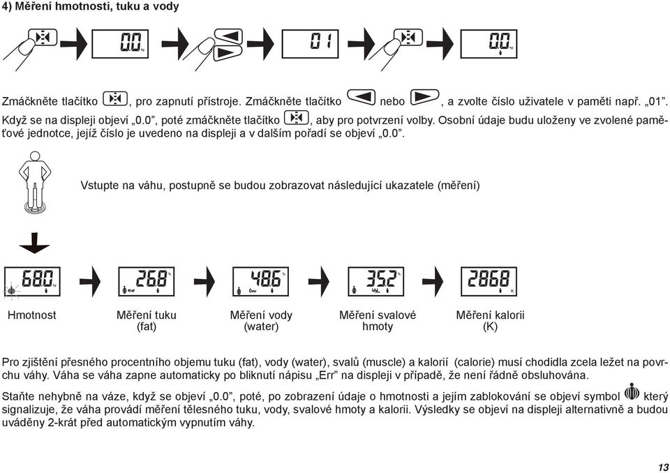 postupně se budou zobrazovat následující ukazatele (měření) Hmotnost Měření tuku (fat) Měření vody (water) Měření svalové hmoty Měření kalorii (K) Pro zjištění přesného procentního objemu tuku (fat),