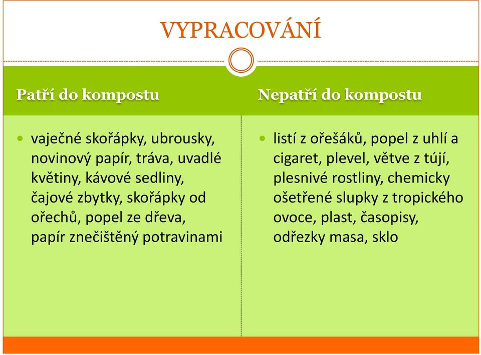 potravinami Nepatří do kompostu listí z ořešáků, popel z uhlí a cigaret, plevel, větve z