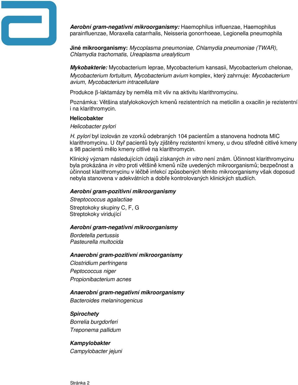 Mycobacterium avium komplex, který zahrnuje: Mycobacterium avium, Mycobacterium intracellulare Produkce β-laktamázy by neměla mít vliv na aktivitu klarithromycinu.