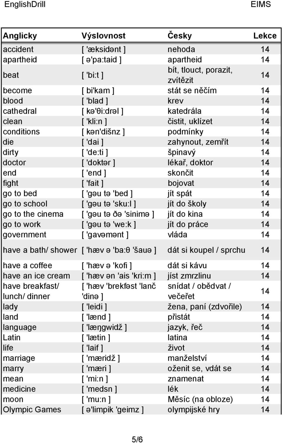 [ 'end ] skončit 14 fight [ 'fait ] bojovat 14 go to bed [ 'gəu tə 'bed ] jít spát 14 go to school [ 'gəu tə 'sku:l ] jít do školy 14 go to the cinema [ 'gəu tə ðə 'sinimə ] jít do kina 14 go to work