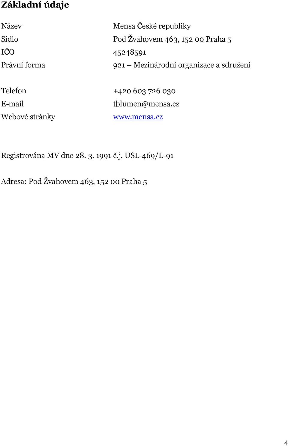 Telefon +420 603 726 030 E-mail tblumen@mensa.cz Webové stránky www.mensa.cz Registrována MV dne 28.