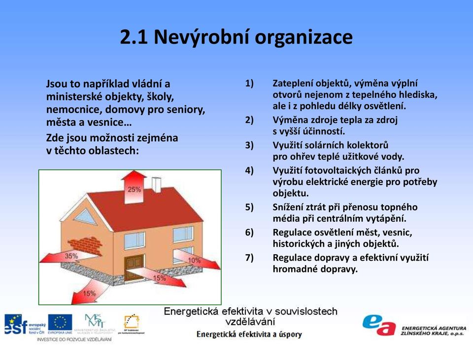 3) Využití solárních kolektorů pro ohřev teplé užitkové vody. 4) Využití fotovoltaických článků pro výrobu elektrické energie pro potřeby objektu.